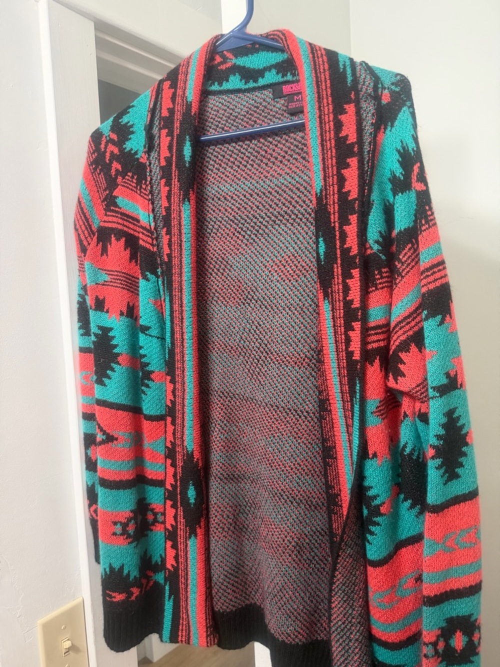Open-Front Aztec Knit Cardigan in Teal & Coral